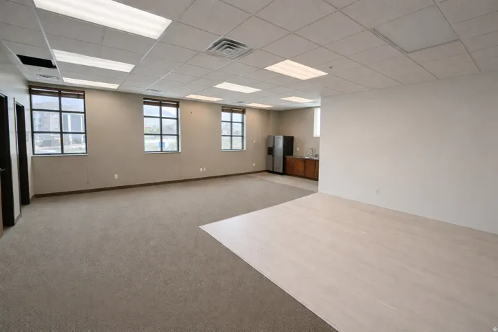 Open-plan interior with mixed flooring, featuring carpet and light wood-finish planks