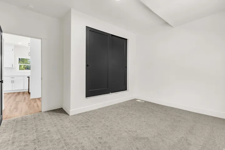 Bright room featuring a dark sliding barn door, light grey patterned carpet, and white baseboards