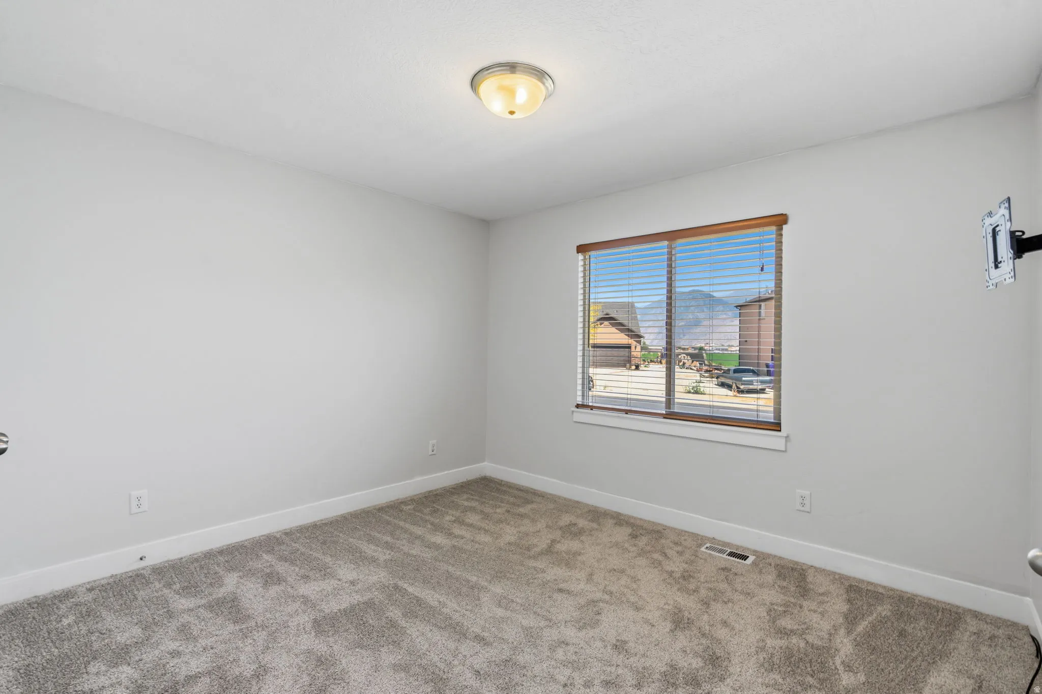 Neutral-toned room featuring a single window with wood-finish blinds, plush gray carpet, white baseboards, and a flush-mount ceiling light fixture