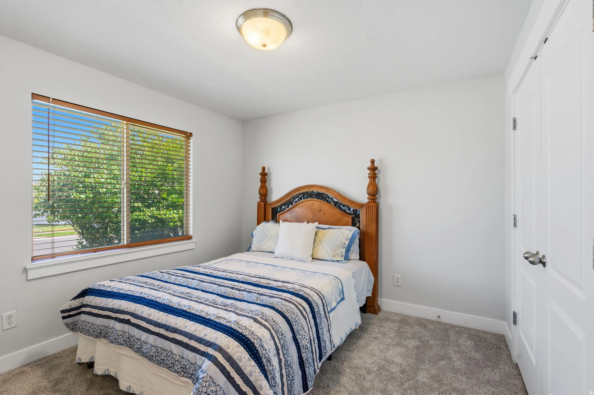 Bedroom featuring a large window with horizontal blinds, carpet flooring, and a white paneled door