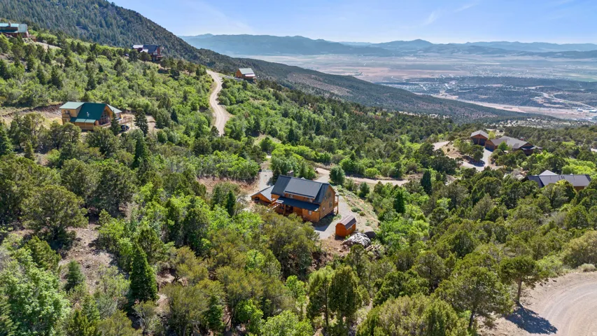 Mountainous landscape featuring multiple properties nestled amongst abundant evergreen and deciduous trees, with a distant valley and urban area visible