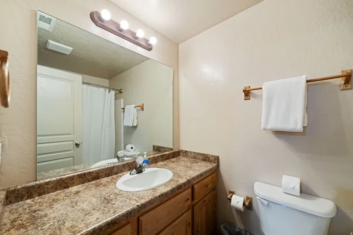 Bathroom featuring a light-toned vanity with a built-in sink, a large wall mirror, and overhead vanity lighting