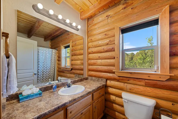 Bathroom featuring log-cabin style wood walls, a vanity with a white basin sink, a speckled countertop, and a large mirror with overhead lighting