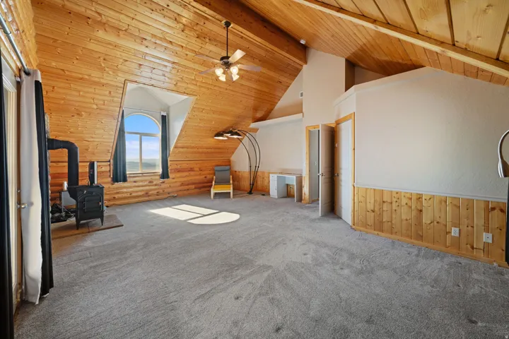 Spacious room featuring vaulted wood-paneled ceilings and walls, a prominent cast iron stove, and an arched window