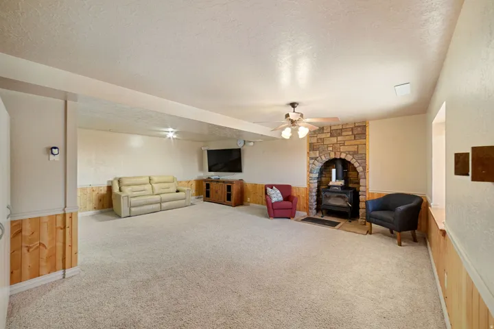 Spacious room featuring a stone-clad fireplace with an arched opening, a built-in wood-burning stove, wall-mounted television, wood wainscoting, and carpet flooring