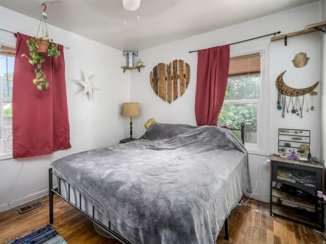 Bedroom featuring wood-finish flooring, two windows, and a ceiling-mounted light fixture