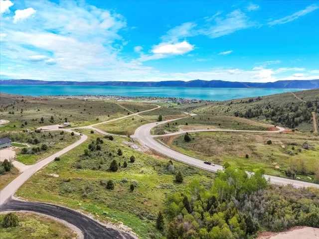 Expansive landscape featuring a winding paved road, lush green vegetation, and distant body of water