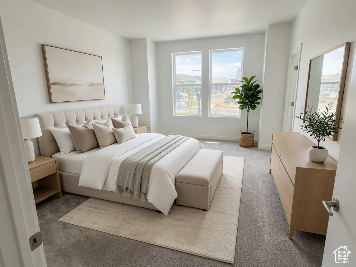Spacious room featuring broad windows with exterior views, plush carpeting, and light-toned walls