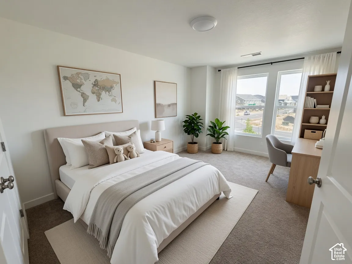 Bright room featuring ample natural light from two large windows, neutral-toned carpeting, and a flush-mount ceiling light