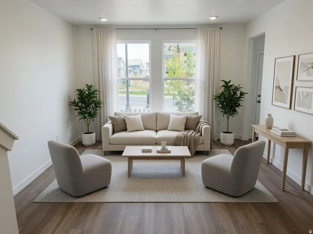 Bright living area featuring wood-finish flooring, recessed lighting, and a neutral color palette