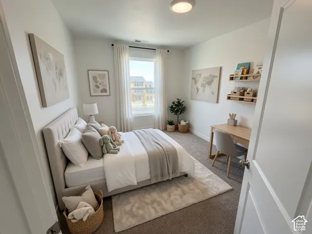 Bedroom featuring neutral tone wall paint, a large window with white curtains, recessed lighting, and carpet flooring