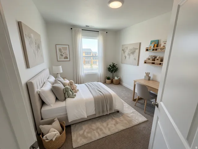Bedroom featuring neutral tone wall paint, a large window with white curtains, recessed lighting, and carpet flooring