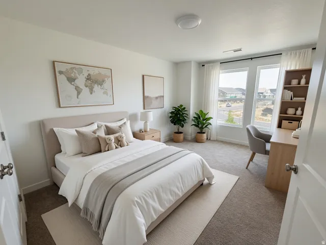 Bright room featuring ample natural light from two large windows, neutral-toned carpeting, and a flush-mount ceiling light