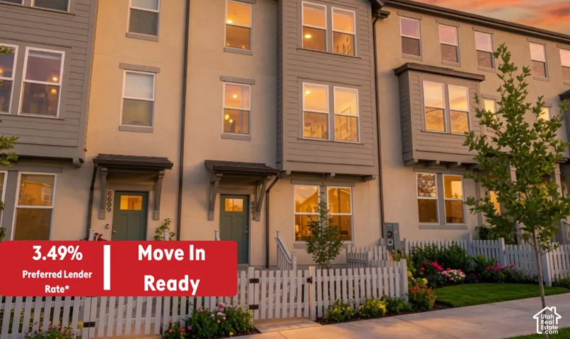 Multi-level townhome architecture featuring a prominent bay window, varied exterior siding, and a decorative picket fence