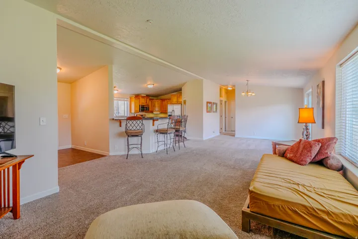 Carpeted living area with light-colored walls and multiple windows