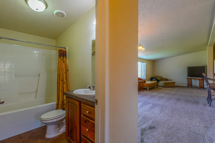 Full bathroom and living room view.