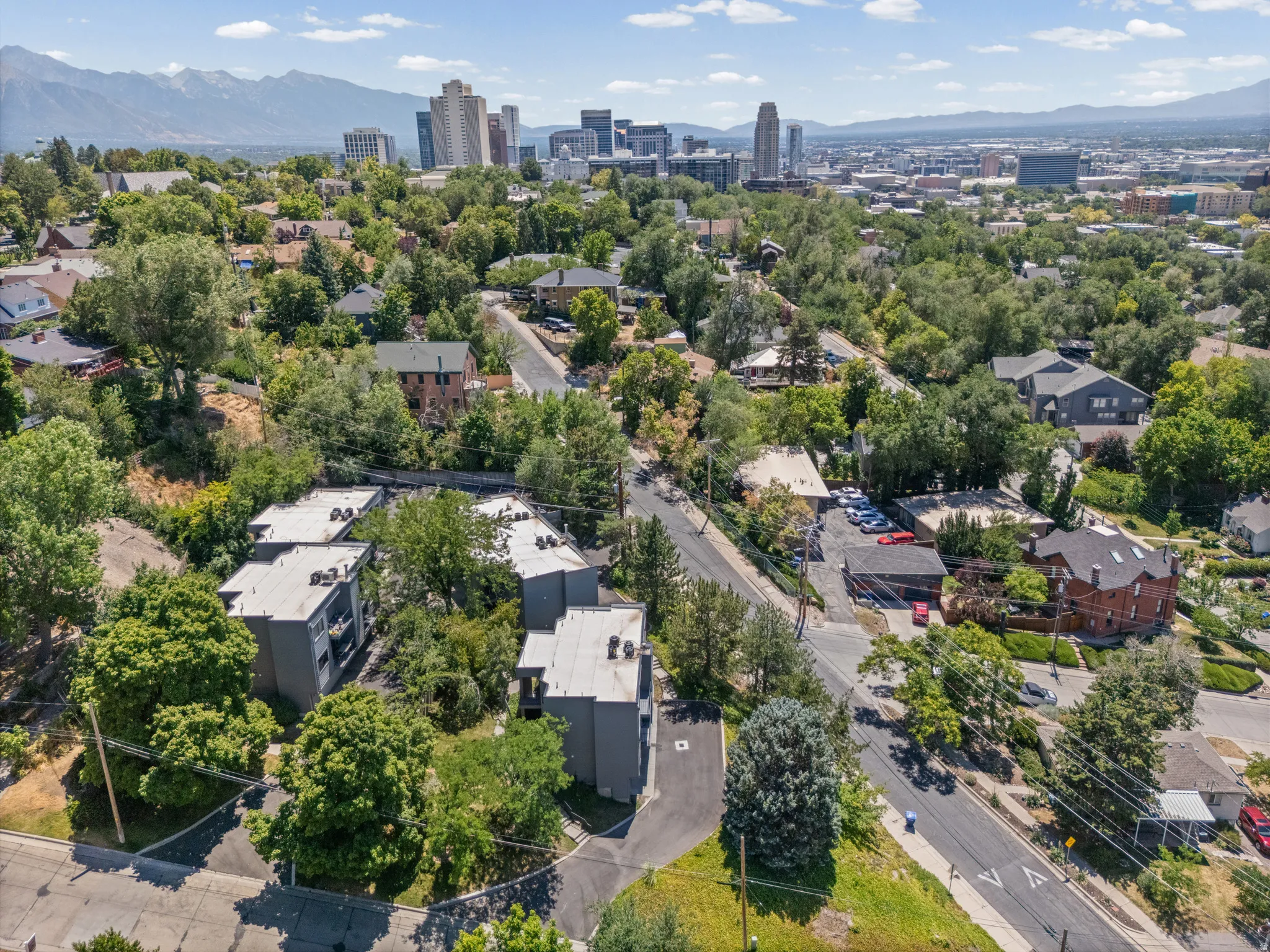 Low-rise multi-unit buildings with flat roofs and dark-toned facades, surrounded by mature trees