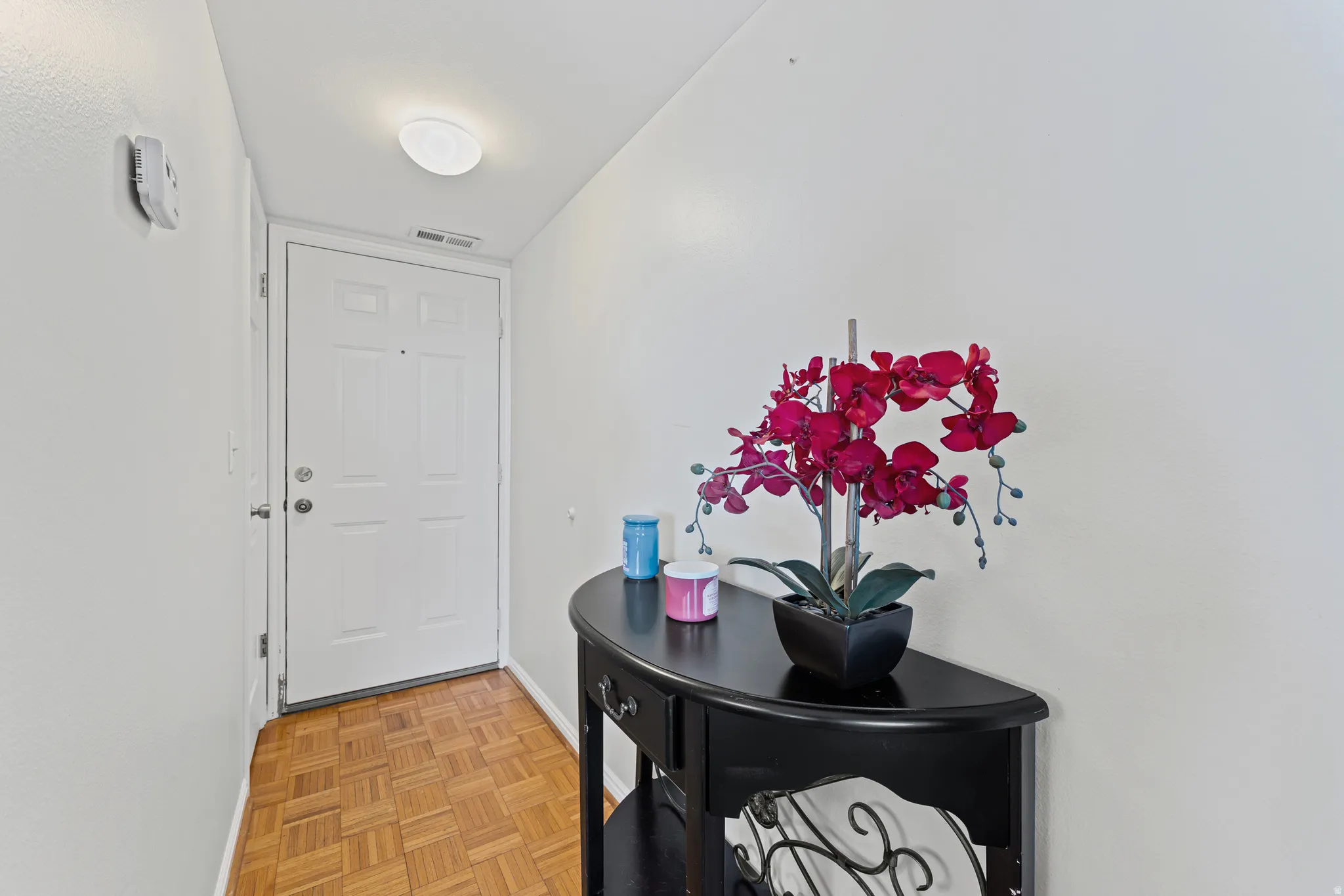 Foyer entrance featuring wood-finish flooring, a white paneled door, and a flush-mount ceiling light