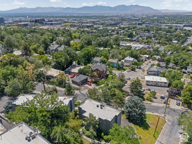 Expansive aerial perspective showcasing a residential neighborhood with mature trees