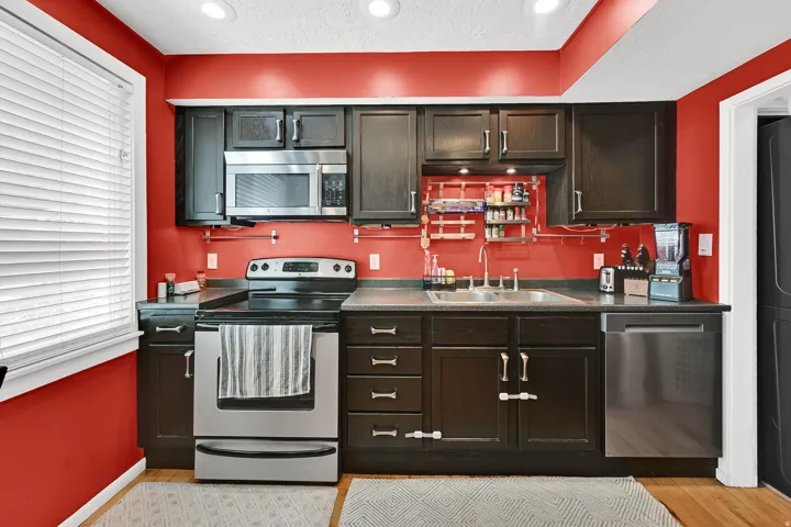 Kitchen featuring dark cabinetry, stainless steel appliances, a double basin sink, recessed lighting, and wood-finish flooring