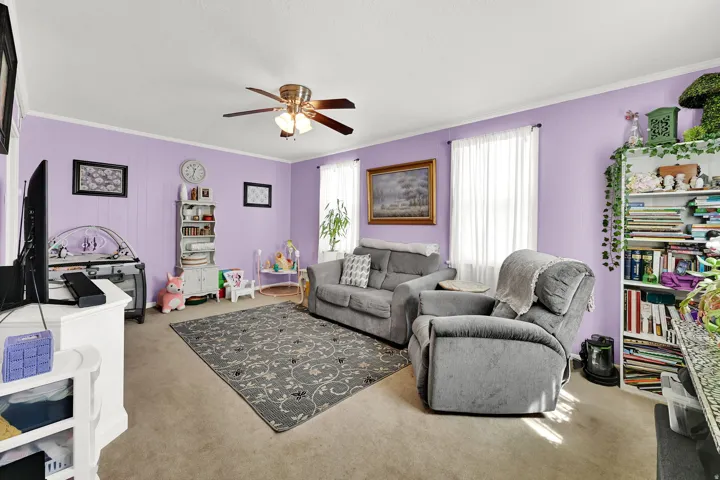 Interior living area featuring light-toned carpeting and light purple walls