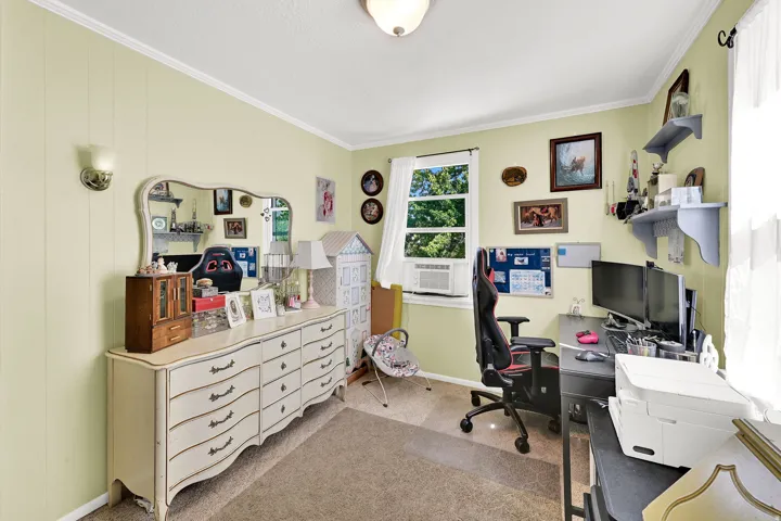 Versatile bedroom featuring soft yellow walls, carpeted flooring, and abundant natural light from dual windows