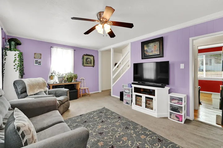Bright and spacious living area featuring lavender-painted walls, wood-finish flooring, and a ceiling fan with integrated lighting