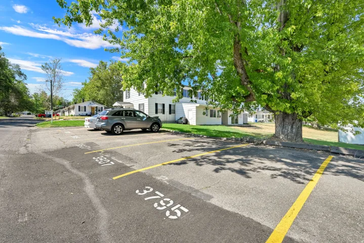 Ample parking area with clearly marked spaces and mature shade trees providing natural canopy coverage