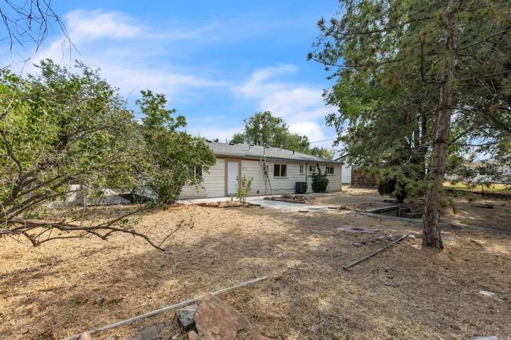 Expansive outdoor space featuring a paved patio area, mature trees, and a gravel-covered yard
