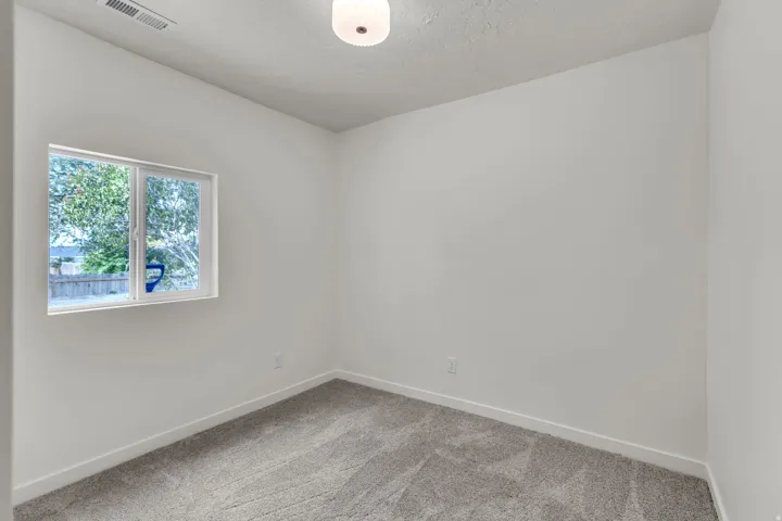 Room featuring light gray carpeting, a single window with a white frame, and a flush-mount ceiling light fixture