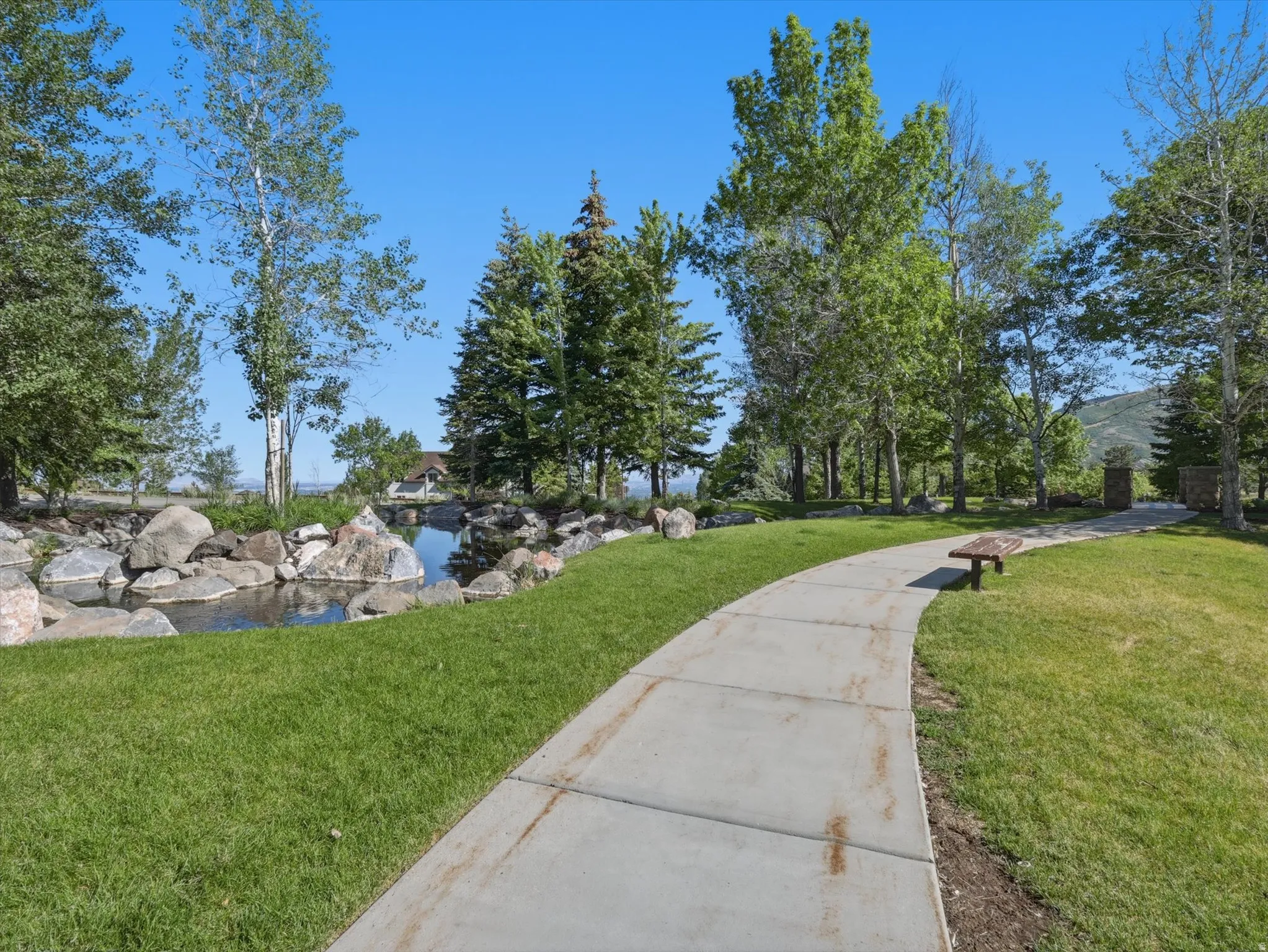Curved concrete pathway bordered by a lush green lawn