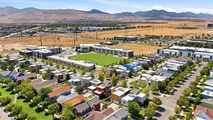 Aerial perspective showcasing a community with diverse architectural styles, mature street trees, and a central green space