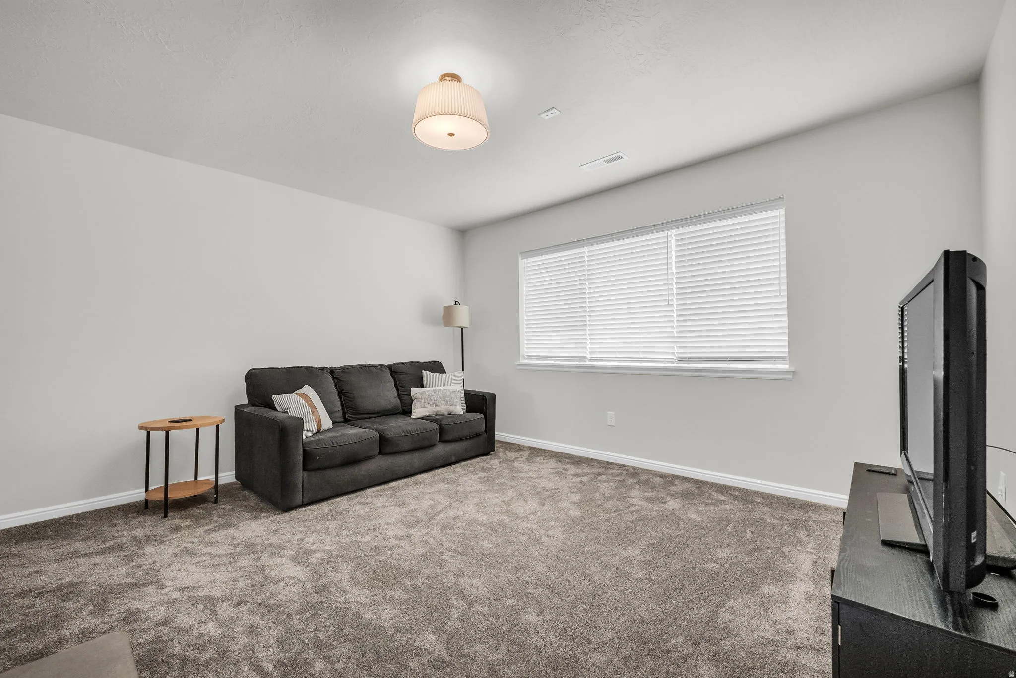 Carpeted room featuring light gray walls and a single window with white blinds