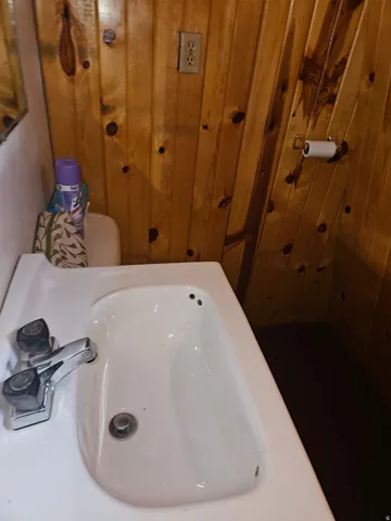 Wood paneling throughout, white basin sink with chrome faucet