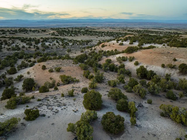 Expansive desert landscape featuring rolling hills, scattered brush, and distant mountain ranges under a partially cloudy sky