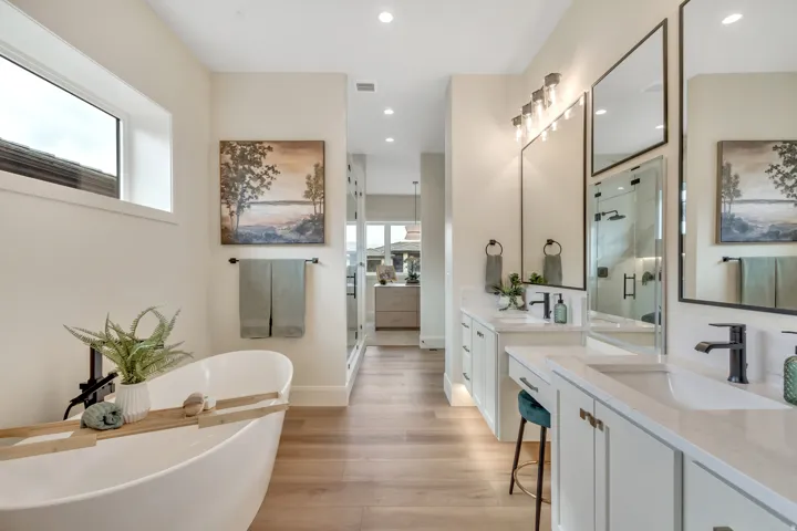 Freestanding soaking tub with separate step in shower and dual sinks