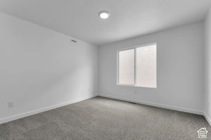 Spacious room featuring neutral carpeting, white walls, and a large window