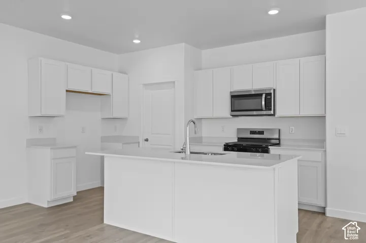 Modern kitchen featuring a central island with an undermount sink and gooseneck faucet