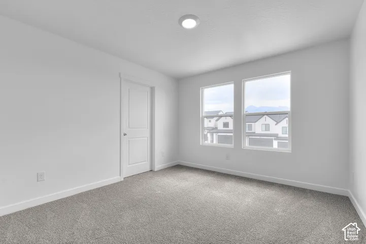 Carpeted room with white walls, two windows, and a flush-mounted ceiling light fixture