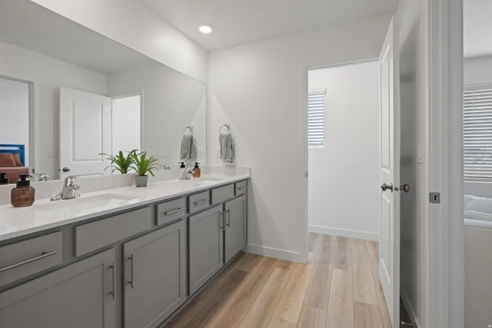 Master bath Double vanity with light gray cabinetry, brushed nickel hardware, integrated sinks, and a large wall-mounted mirror