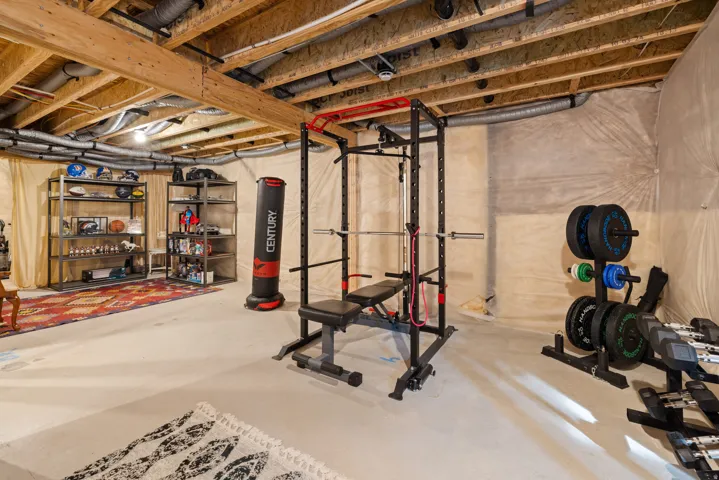 Unfinished basement with storage and home-gym