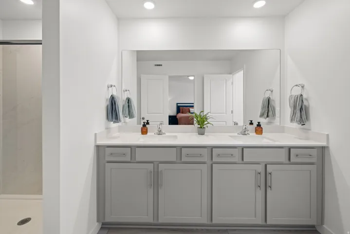 Master bath Double vanity with light gray cabinetry, integrated sinks, and polished chrome fixtures