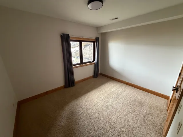 Light-filled room featuring neutral wall paint, a window with wood-finish trim, beige carpeting, wood-finish baseboards, and a flush-mount ceiling light