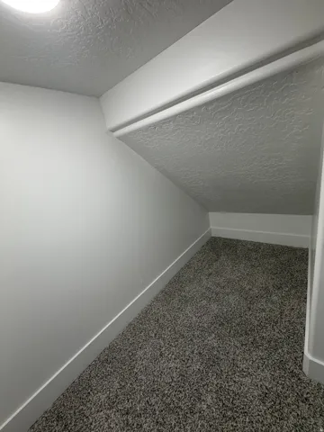Carpeted under-stair storage area with a flush-mounted ceiling light fixture, crisp white walls, and matching baseboards