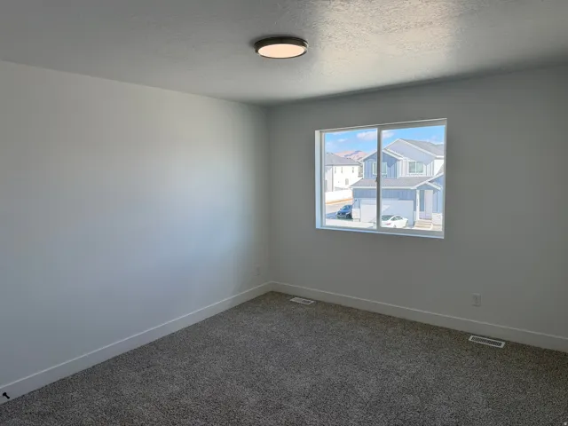 Bright room featuring a large window, neutral carpeting, white baseboards, and a flush-mount ceiling light fixture