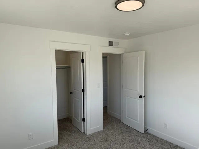 Interior room featuring light gray carpet, white walls, and a contemporary flush-mount ceiling light