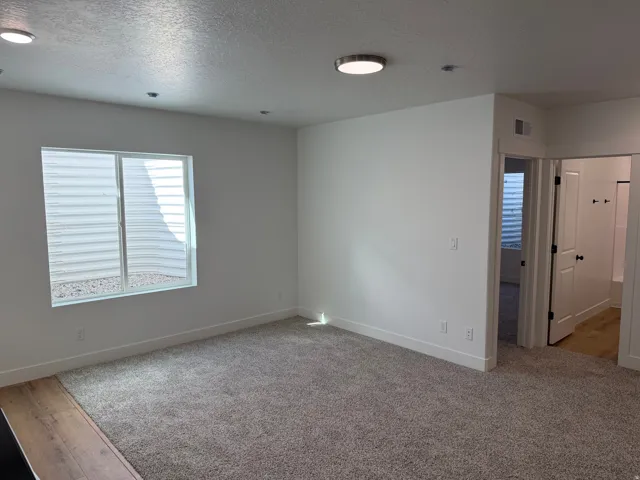 Spacious room featuring neutral carpet flooring, a large window with a window well, and recessed lighting