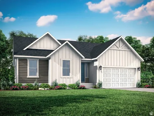 Contemporary farmhouse-style exterior featuring board and batten siding, horizontal siding accents, a dark shingle roof, an integrated two-car garage with carriage-style doors, and decorative outdoor lighting fixtures