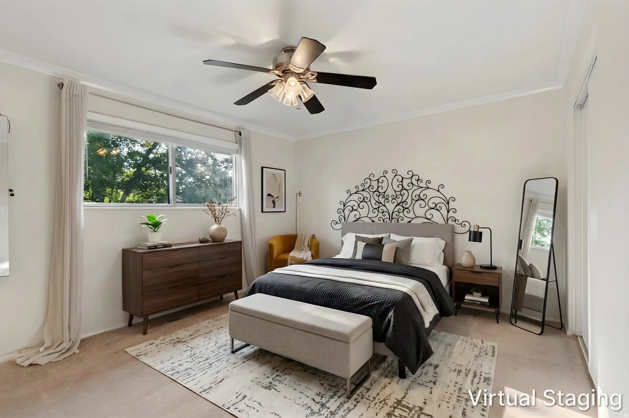 Expansive window with roller shade, ceiling fan with light fixture, and crown molding