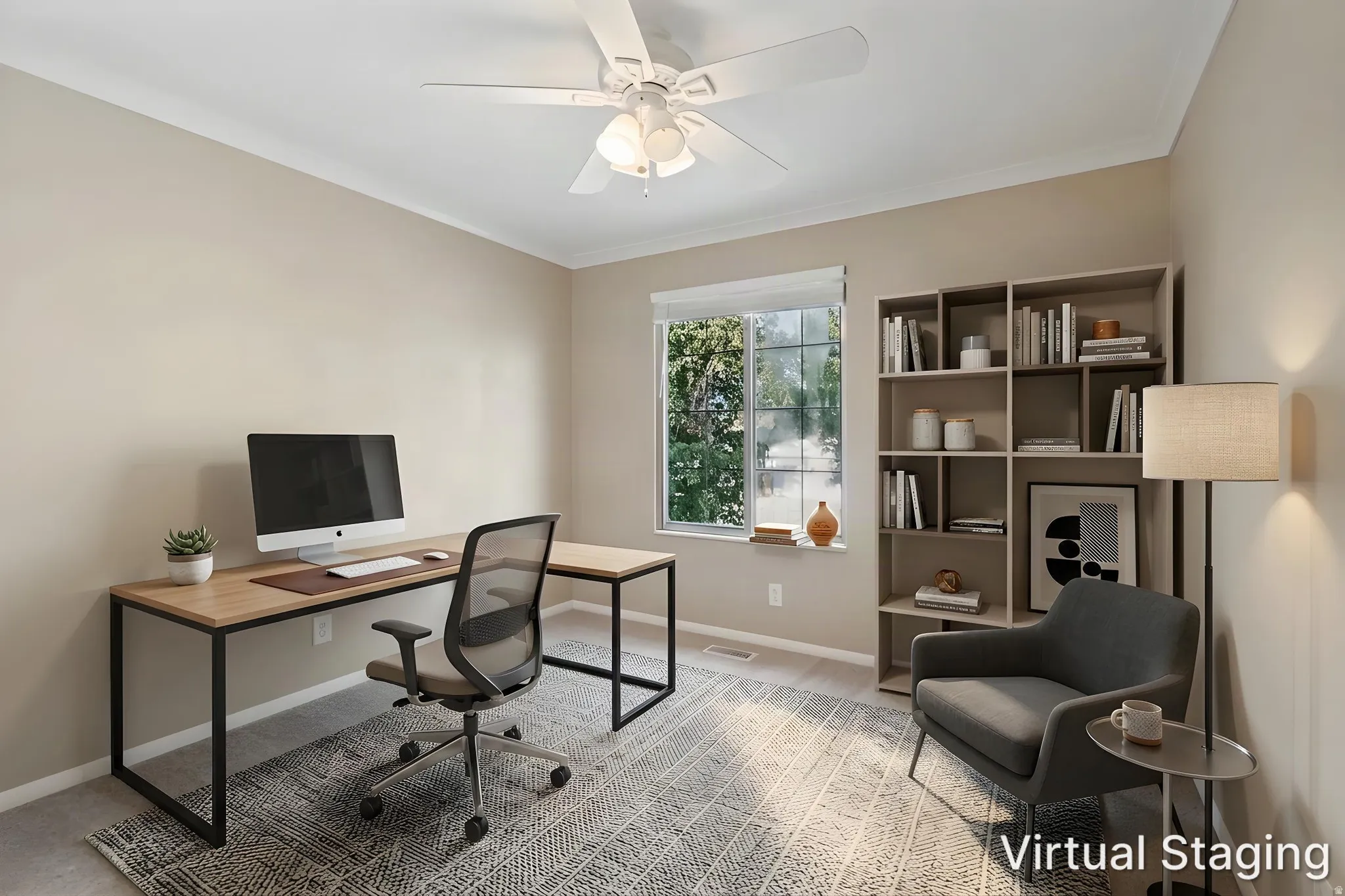 Recessed window with natural light, ceiling fan with light fixture, built-in shelving, crown molding, and carpeted flooring